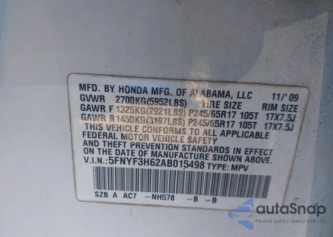 2010 Honda Pilot Ex-L from USA, damaged, VIN 5FNYF3H62AB015498